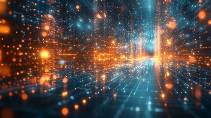 Wall Mural - Glowing digital pathways elegantly weave through a vibrant blue and orange cyberspace. AI Generated
