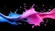 © Oleksandr - Chaotic splash of liquid neon paint caught in mid-air, dripping and dispersing dynamically.