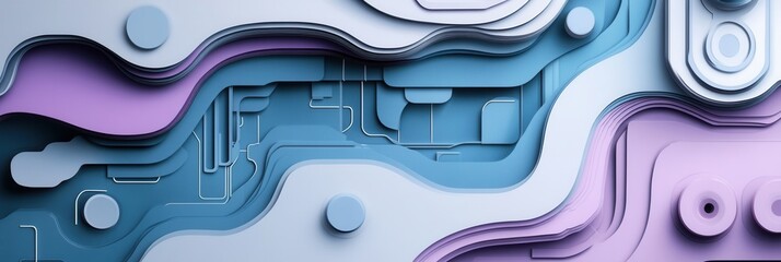 Leinwandbilder - Futuristic paper art design with layered circuits in cool tones of blue, purple, and gray Generative AI
