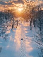 Wall Mural - Person Walking in Snowy Woods