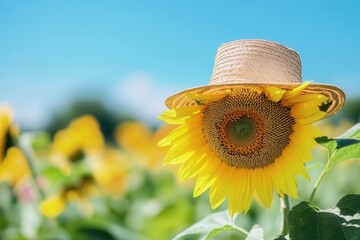 Leinwandbilder - Sunflower wearing a straw hat in a vibrant field under a blue sky on a sunny day Generative AI