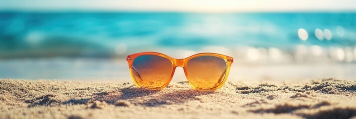 Poster - Stylish sunglasses resting on sandy beach with ocean waves in background during bright sunny day Generative AI