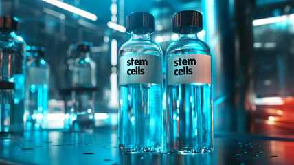 Poster - This Two vials labeled stem cells stand prominently in a modern laboratory setting with bright lighting.