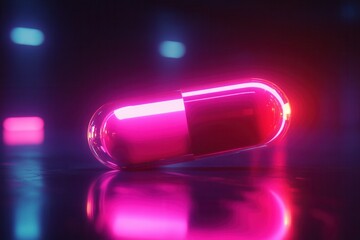 Leinwandbilder - Neon cyberpunk pill floating in a dark void with futuristic lighting in a high tech aesthetic Generative AI