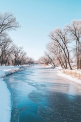 Wall Mural - River flowing through snowy forest