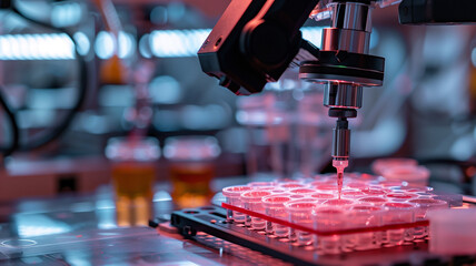 Poster - This High-tech laboratory engaged in stem cell research and therapy using robotic precision tools.