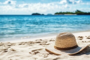 Fototapete - Relaxing beach scene featuring a straw hat resting on warm sand near clear blue water and distant islands Generative AI