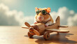 © ARTem - Excited hamster in aviator goggles piloting a handcrafted wooden airplane on a polished surface, whimsical flight concept.