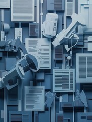 Poster - Layered cut out silhouettes create a modern backdrop for digital news with microphones and newspapers Generative AI