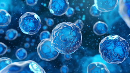 Poster - This Vibrant pluripotent stem cells float in a rich blue setting, symbolizing regeneration.