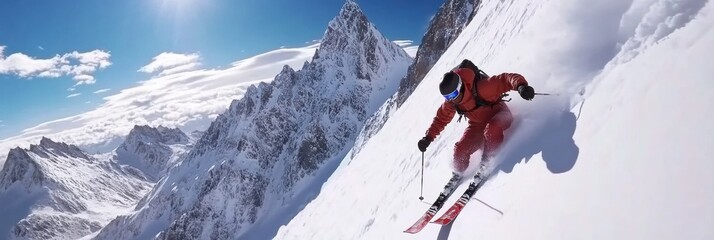 Poster - Skier expertly descends snow covered peaks under a bright blue sky with golden ratio composition Generative AI