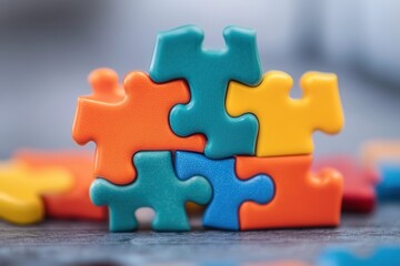 Poster - Colorful puzzle pieces stacked creatively in a playful arrangement on a table, inviting engagement and fun for all ages Generative AI