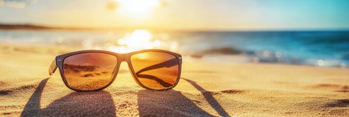 Fototapete - Sunset reflecting in sunglasses on sandy beach with ocean waves in the background during golden hour in summer Generative AI
