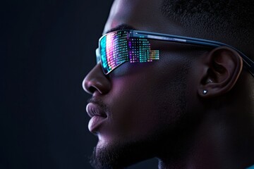A man sporting glasses has code mirrored in his lenses, representing technology, programming, and the digital world