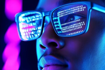 The image shows a close-up of a man with glasses, where code is reflected in the lenses, signifying the realms of technology, programming, and digital life