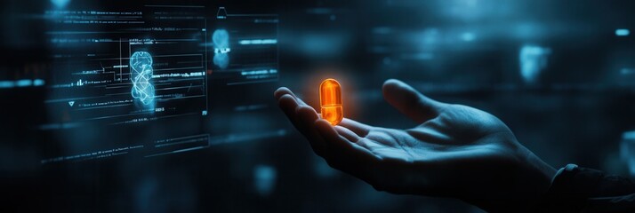 Poster - Glowing capsule held in darkness with medical holograms and cyberpunk lighting creating a futuristic atmosphere Generative AI