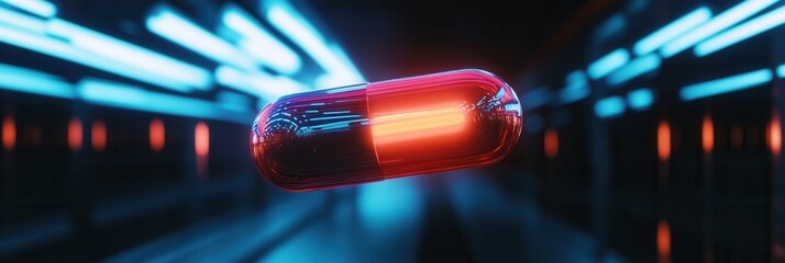 Fototapete - Floating neon cyberpunk pill in dark void with futuristic lighting and sci fi medical aesthetics Generative AI