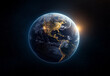 Earth illuminated by city lights, showcasing continents and oceans in space. beautiful view of our planet with glowing connections and sunrise effect