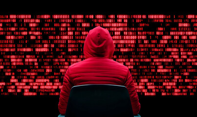 Individual in Red Hoodie Facing Matrix of Binary Code on Screen