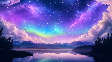 Wall Mural - beautiful fantasy starry night sky blue and purple colorful galaxy and aurora 4k wallpaper. cosmic w