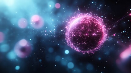 Wall Mural - Glowing pink sphere floats gently in cool blue nebula Intricate network shimmers beautifully. AI Generated