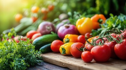 Poster - Freshly harvested vegetables displayed on a wooden table in a garden during golden hour Generative AI