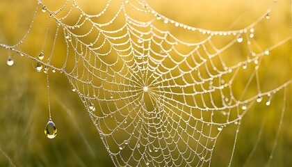 Delicate spiderweb adorned with morning dew glistening in the golden sunlight