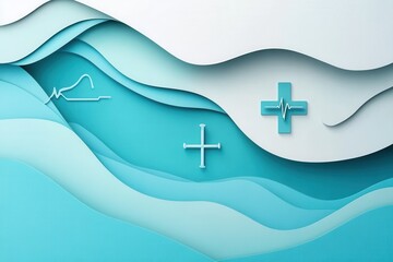 Aufkleber - Layered paper art background in calming blue with medical symbols for creative design Generative AI