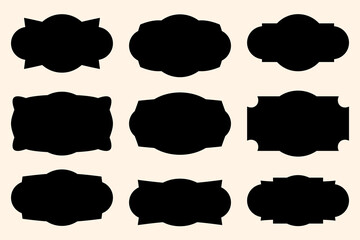 Aufkleber - Set of nine black vector labels with vintage shapes on a light background. Ideal for product packaging, branding, and design projects. High-quality vector illustration with editable shapes.