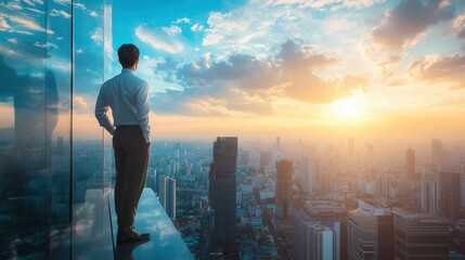Aufkleber - Businessman enjoying sunset view from a high rise building in a bustling city Generative AI