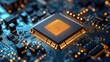 © fruitella - Illuminated CPU on circuit board, technological advancement
