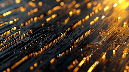 A digital gold circuit serves as a backdrop for a technology background