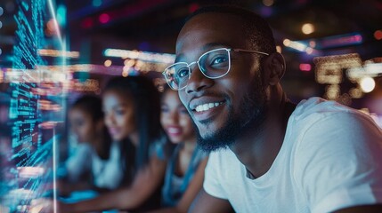 Two individuals wearing advanced AR glasses are engaging with a digital interface filled with bright data streams