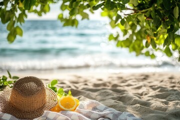 Poster - Relaxing afternoon on a sandy beach with a straw hat and fresh lemons near the shoreline Generative AI