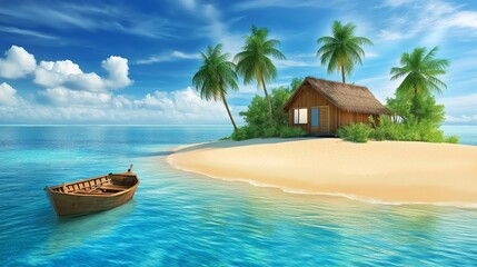 Wall Mural - tropical island beach view with a house and traditional wooden boat near