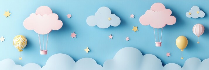 Poster - Charming paper art background with pastel clouds, balloons, and twinkling stars to create a whimsical atmosphere Generative AI