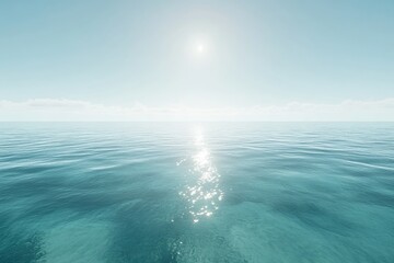 serene ocean scene with a bright sun reflecting on calm turquoise waters under a clear sky.