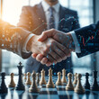 © Ann - Business partnership successful and strategic plan concept , .Double exposure businessman handshake on financial market stock chart with chess board game competition