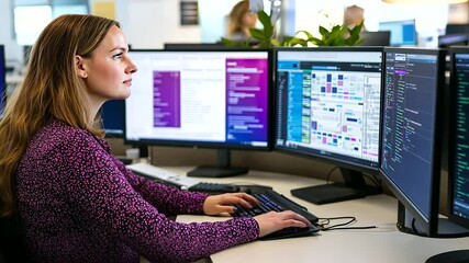 Wall Mural - a female software engineer codes efficiently in a high-tech, multi-monitor workspace.