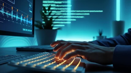 Programmer hands typing on laptop keyboard with code on screen