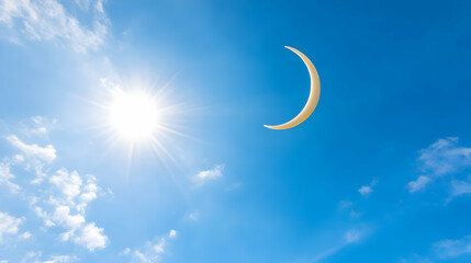 Sun and crescent moon in a clear blue sky with scattered clouds; ideal for spiritual, religious, or celestial themes