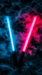 Wall Mural - Futuristic Duel: Neon Swords Amidst a Mystical Smoky Ambience