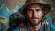 © Jasper - A traveler with a sun-kissed complexion, wearing a straw hat and a backpack, posing against a blurry backdrop. He is ready for adventure.