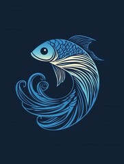 Aufkleber - Elegant abstract fish logo featuring wave patterns in cool blue tones for a minimalist aquatic theme Generative AI