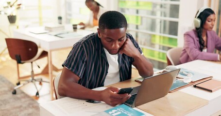 Poster - Phone, bored student and man in college for learning, education or scroll social media with fatigue. Mobile, university and person with exam preparation, exhausted or tired of studying with stress