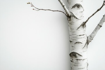 A close-up of a birch tree trunk against a white wall, showing its textured bark and budding branches.