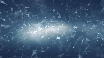 Wall Mural - illustrated technology based shapes, connected white lines, blurry dots and triangles on a shiny blu