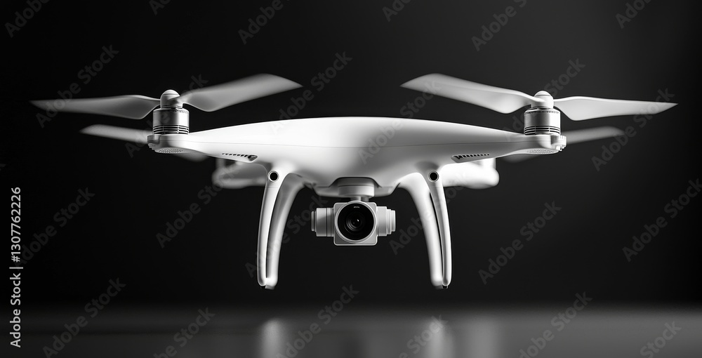 A modern remote control air drone with an action camera flies in a ...
