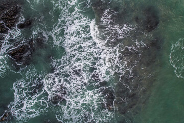  Aerial, Winter’s crashing tidal waves at Down Derry in Cornwall UK