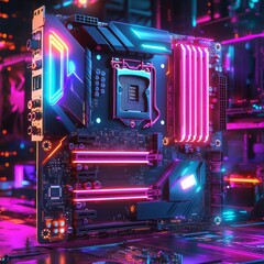 Poster - Cyberpunk Motherboard: A Neon-Lit Display of Modern Computing Technology and Futuristic Design Elements